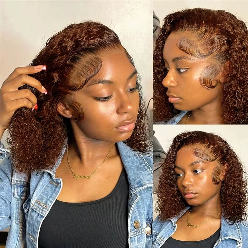 Short Bob Wig 13x4 Lace Front Wig Chocolate Dark Brown 100% Human Hair Deep Curly Wave Bob Wig HD Lace Wig 200 Density For Women