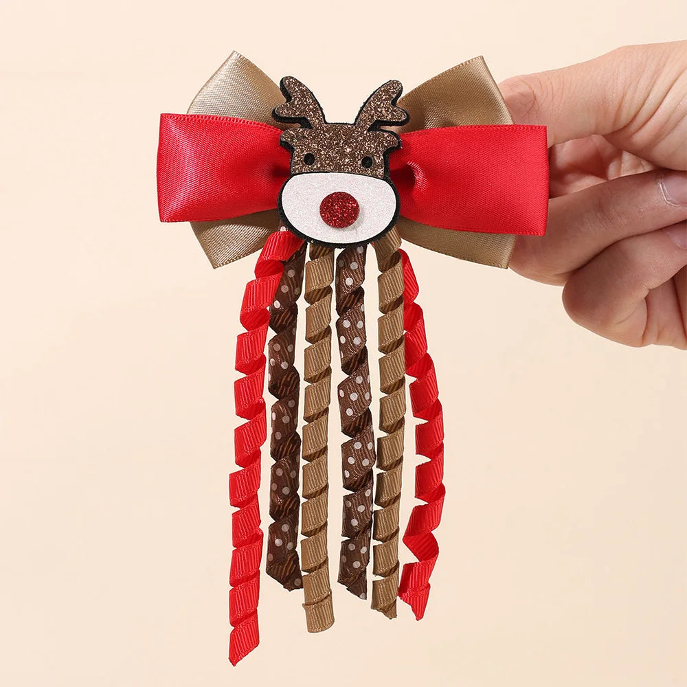 2Pcs Christmas Santa Claus Bow Hair Clips For Girls Cute Reindeer Curly Ribbon Tassels Hairpins Kids  Xmas Party Accessories
