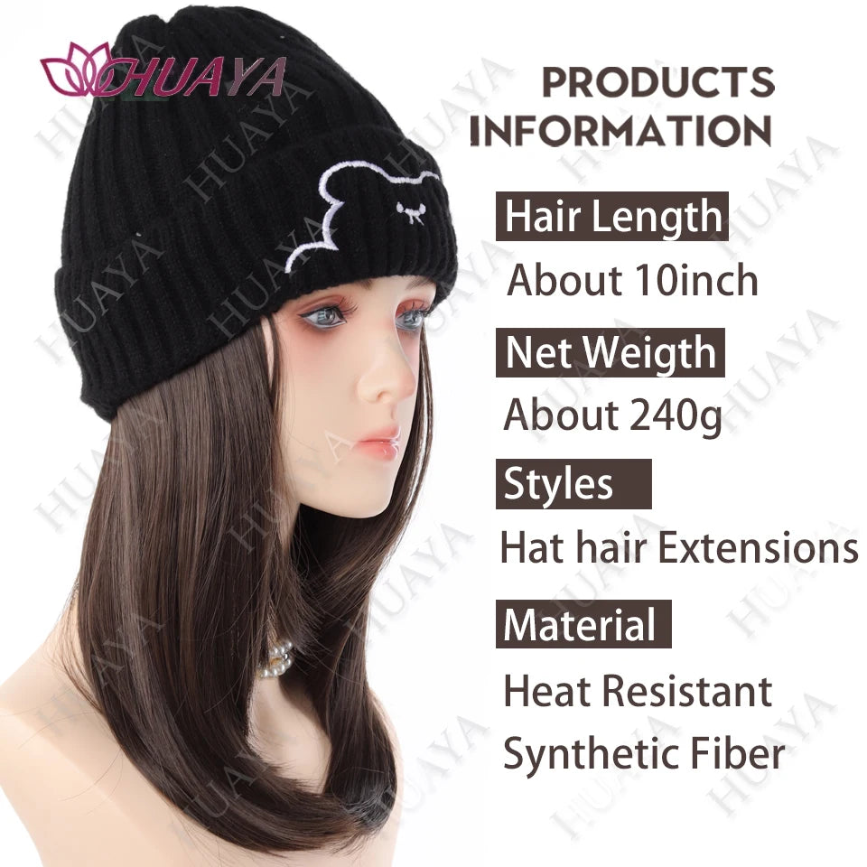 Synthetic Hat Wig Medium Length Straight Hair knitted Hat Wig Hair Extensions Accessories Autumn Winter Cap Warm Velvet Lining