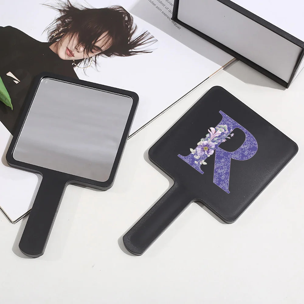Fashion Universal Square Handheld Makeup Mirror With Handle Portable Vanity Mirror Initial Name Purple Flower 26 Letters Pattern