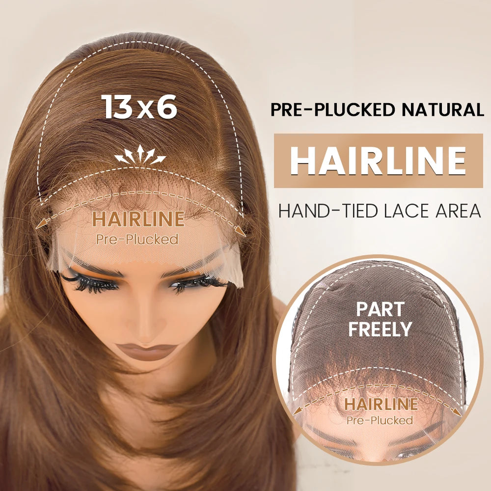 Chocolate Brown Layered Cut Lace Front Wigs HD 13X6 Straight Lace Front Wig For Women Synthetic Butterfly Haircut Glueless Wigs