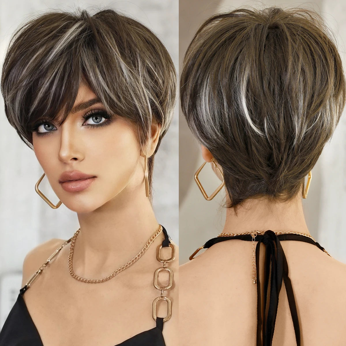 7JHH WIGS Ombre Black Blonde Bob Wig for Women Daily Party Synthetic Straight Short Hair Wig with Fluffy Bangs Pixie Cut Wigs