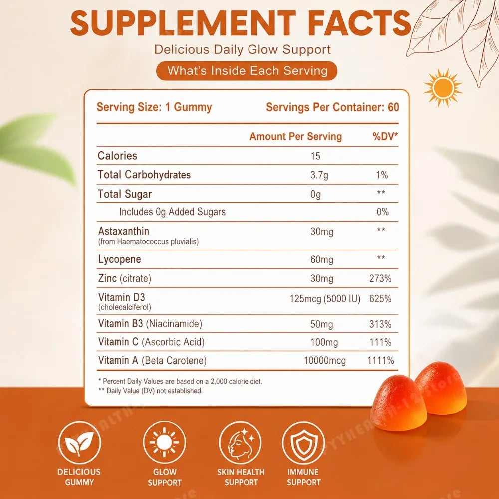 Tanning Gummies for Women, Sunless Bronzing Glow Support, Vegan Sugar-Free, Non-GMO, Astaxanthin & Lycopene, 60 Count