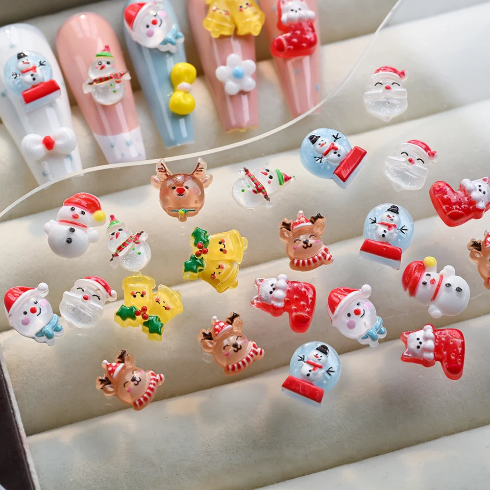 50pcs 3D Kawaii Snowman Elk Santa Claus Nail Art Rhinestones 10mm Resin Christmas Nail Charm Jewelry Flatback Xmas Holiday Nails