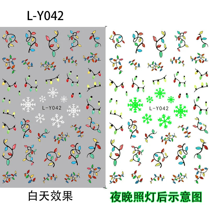 3D Luminous Light Bulb Christmas Nail Sticker Snowflake/Santa Claus/Wreath Self-Adhesive Nail Decals Xmas Glowing Manicure Decor