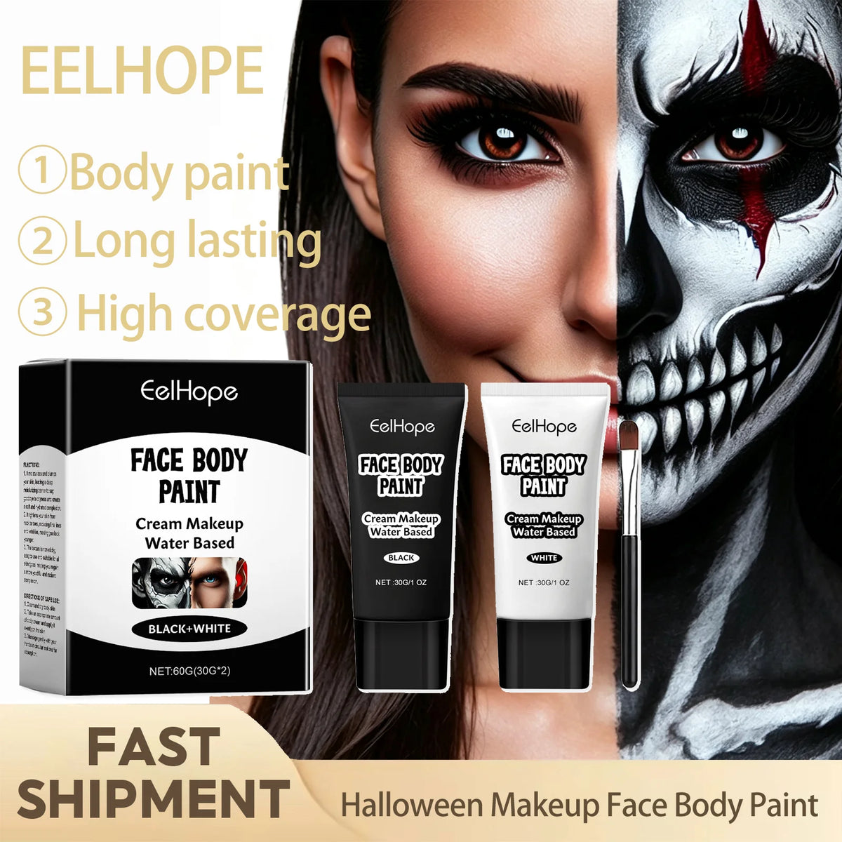 Halloween Makeup Face Body Paint With Brush Long Lasting High Coverage Mild Gentle Skin‑Friendly Halloween Skeleton Zombie