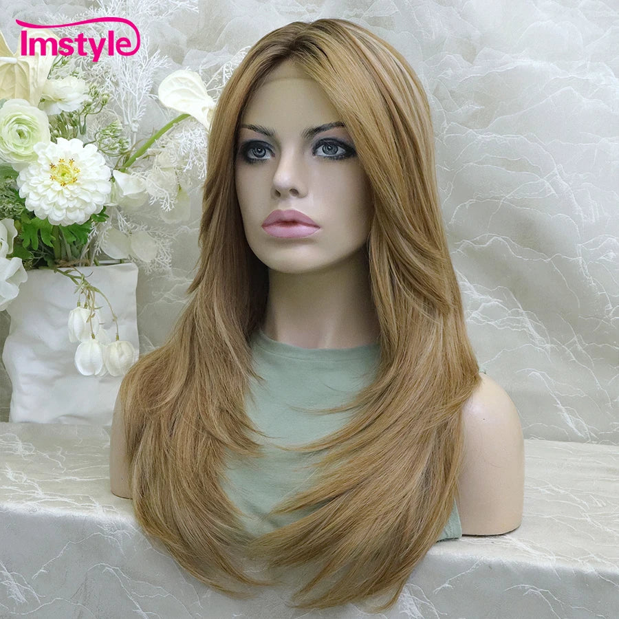 Imstyle Brown Wig Syntehtic Lace Front Wig Dark Root T Part Lace Wig Layered Straight Hair Daily Use Wigs For Women