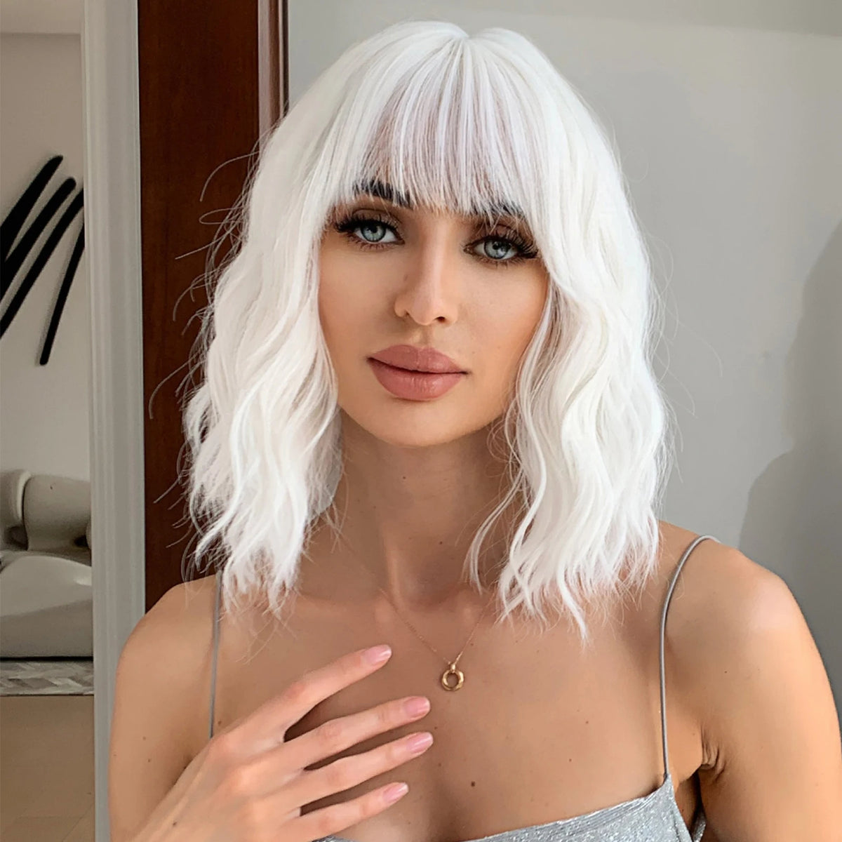 EASIHAIR Short White Bob Synthetic Wigs Short Wavy Lolita Natural Hair Wigs with Bangs for Women Heat Resistant Cosplay Wig