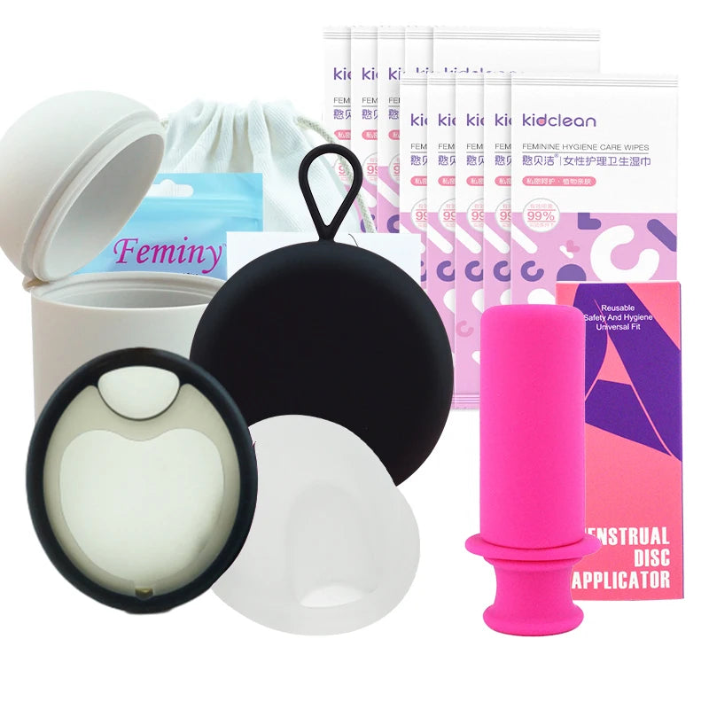 Feminy Menstrual Disc Kit Medical Grade Reusable Soft Silicone Period Disc with Sterilizer Case Applicator Leakproof Monthly Cup
