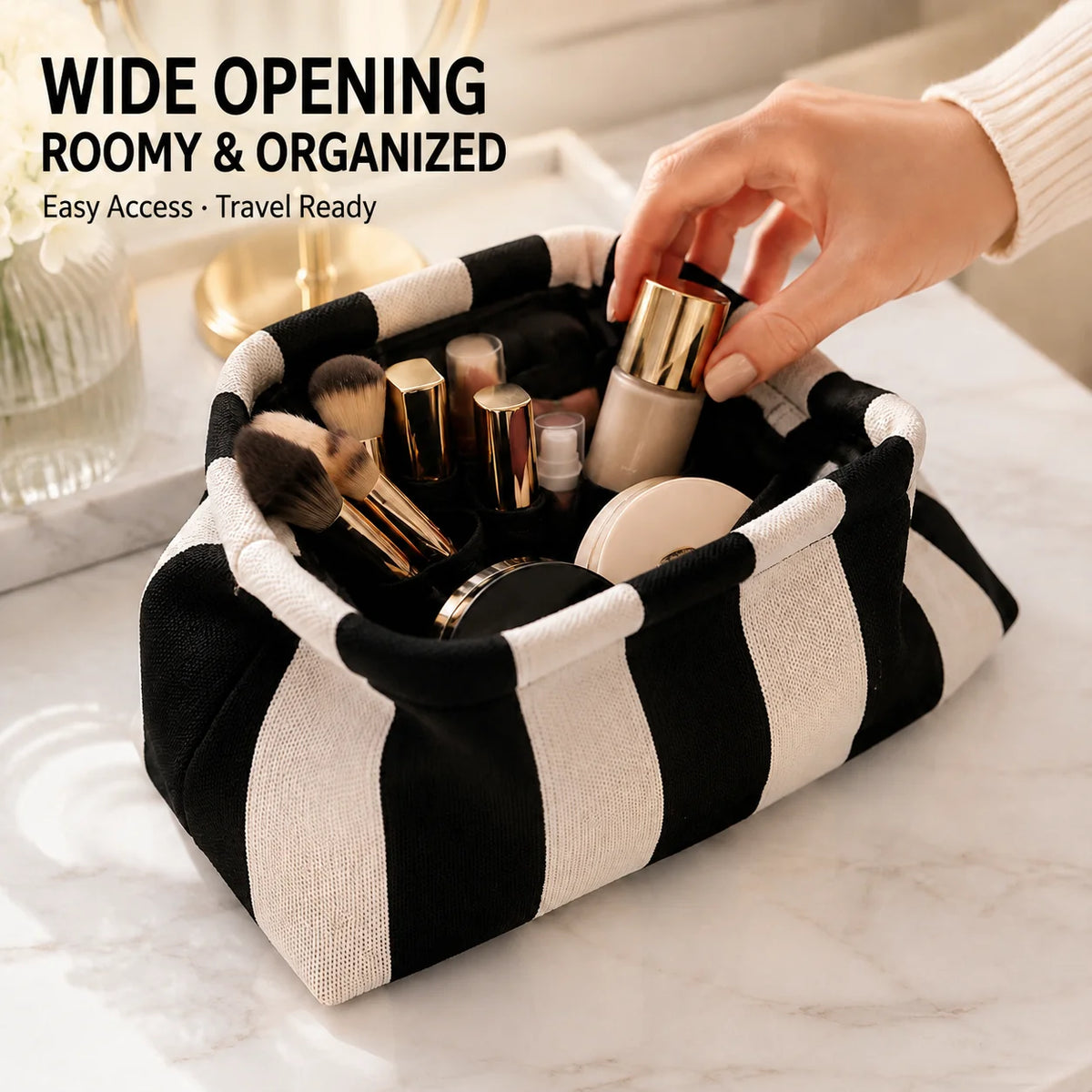 Makeup Storage Pouch Striped Geometric Cosmetic Bag Lightweight Portable Travel Toiletry Handbag For Women Organizer Purse Bags
