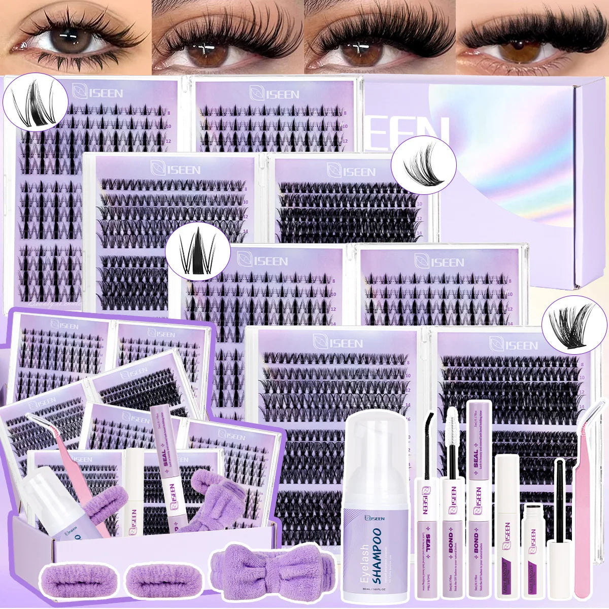 Eyelash Clusters Kit Large Capacity Mix Styles Wispy Individual Lashes Natural DIY Eyelash Extensions With Bond&Seal Tweezer