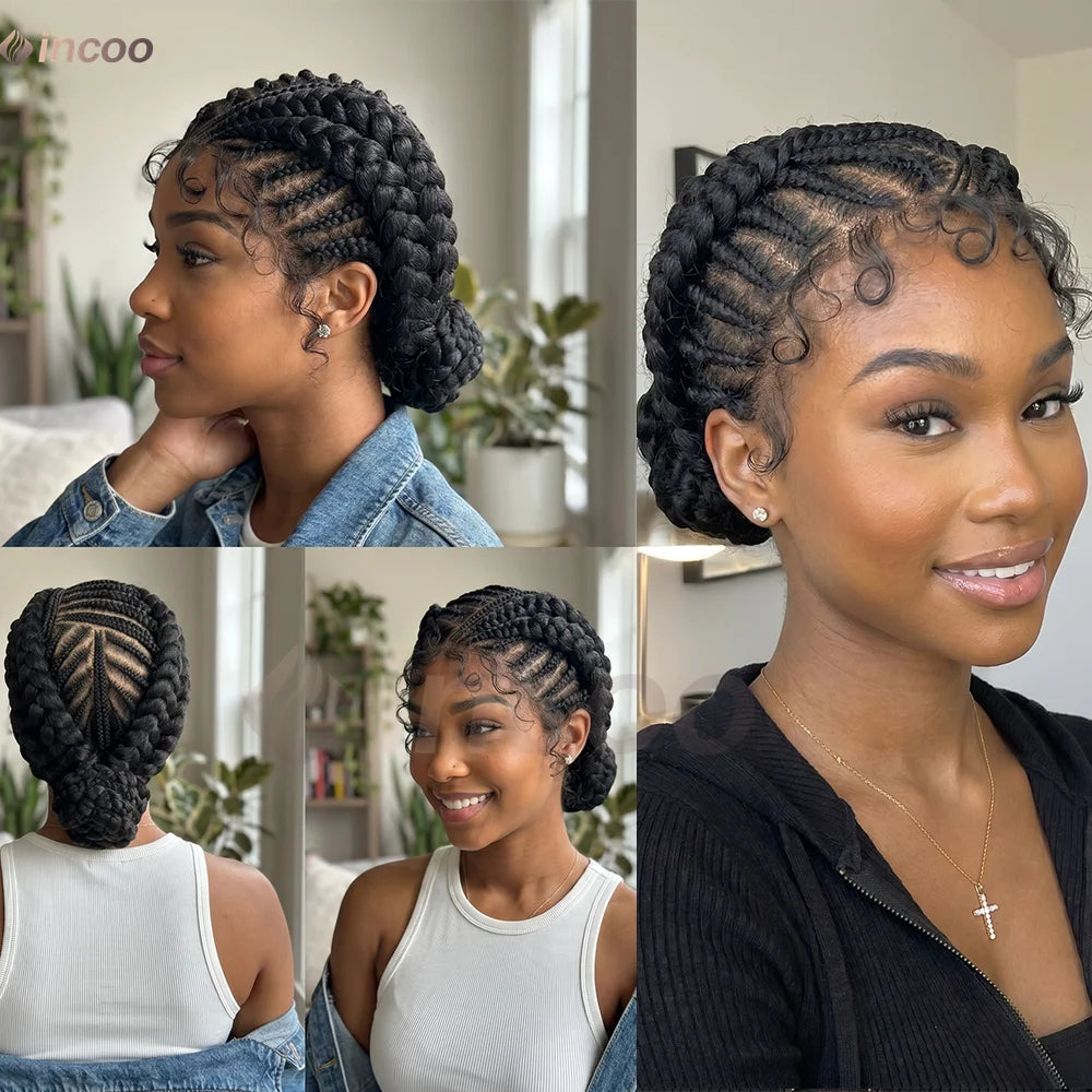 Short Cornnrow Braid Wigs Buns Glueless For Black Women Synthetic HD Full Lace Wig Neat Braids Wig African Protective Style