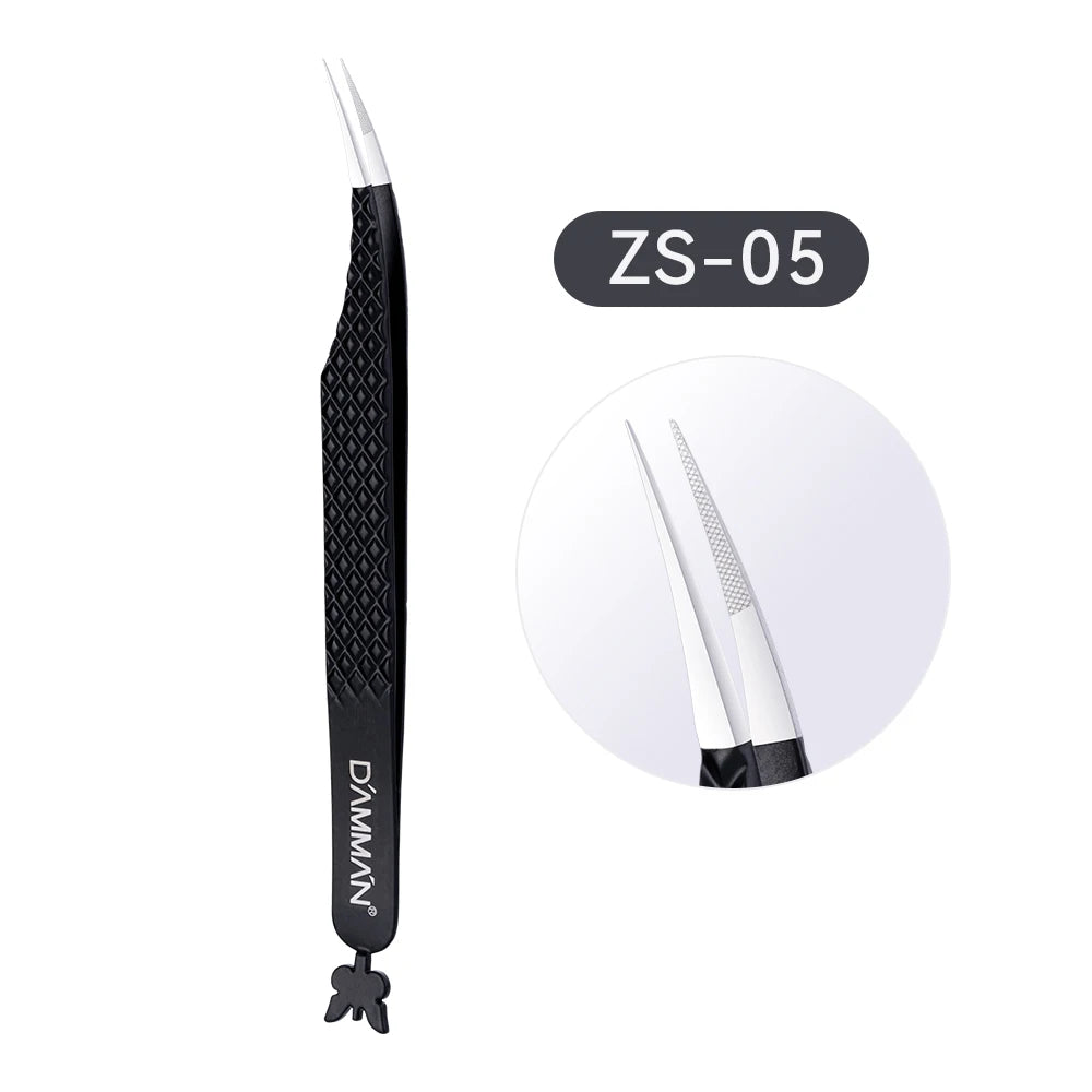 DAMMAN Fiber Tip Lash Extensions Tweezers Professional Eyelash Tweezers Anti-slip Lash Tweezers Eyelash Extension Supplies