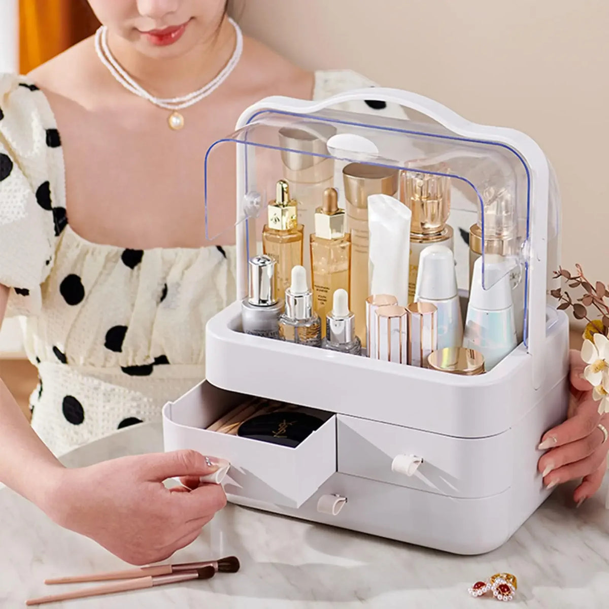 Large Cosmetics Receiving Box Dust-Proof Desktop Makeup Organizer with Drawer for Skin Care Products Household Storage Box Shelf