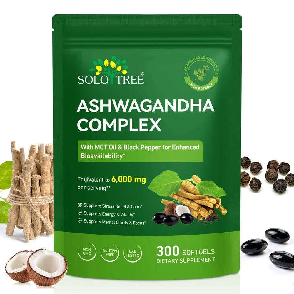 Ashwagandha Complex Softgels with MCT Oil and Black Pepper 20:1 Extract Stress Relief, Mental Focus Energy Support 300 Softgels
