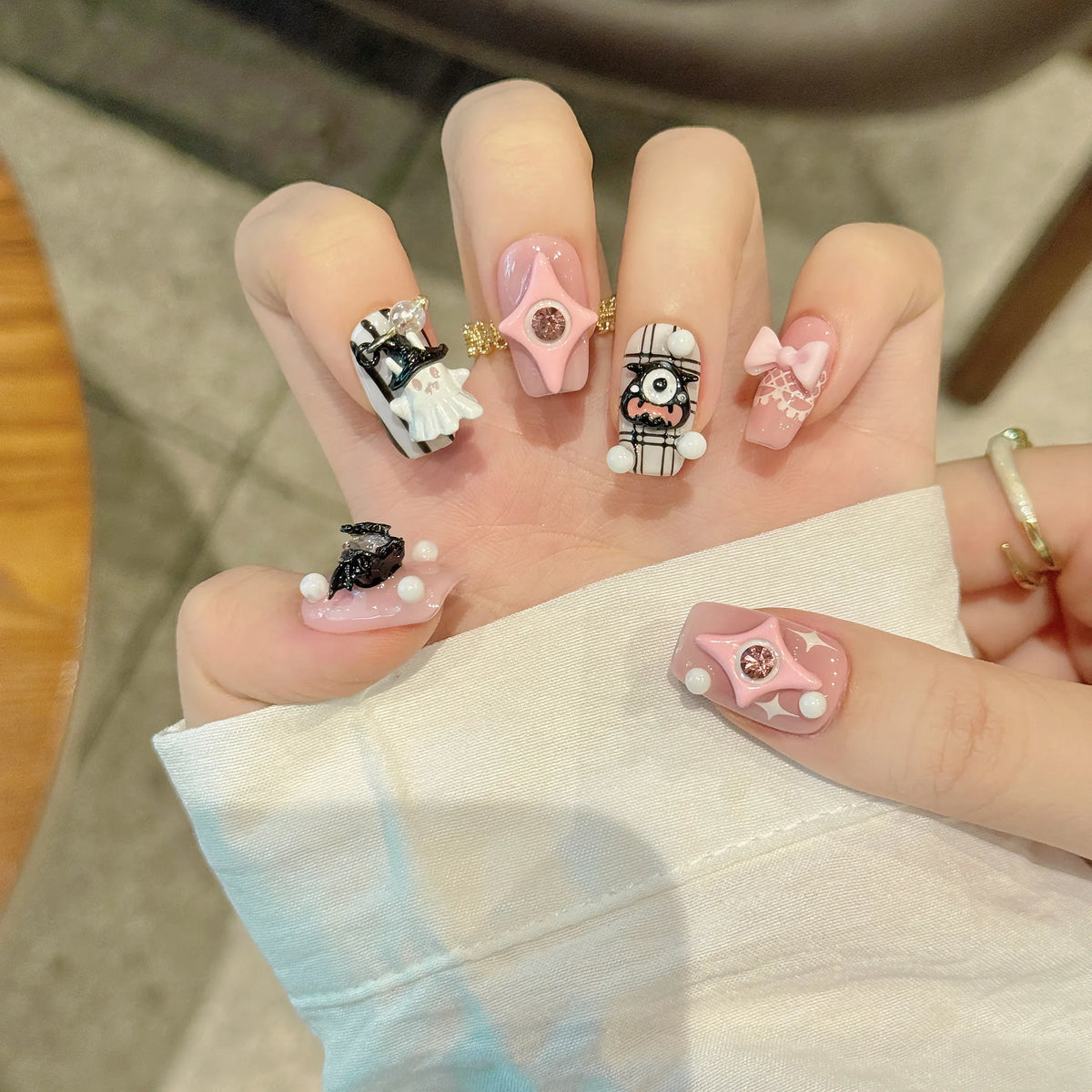 10pcs Pink Halloween Press On Nails Handmade Short Square False Nails Cute 3D Ghost Devil Heart  Bowknot Decor Fake Nail Tips