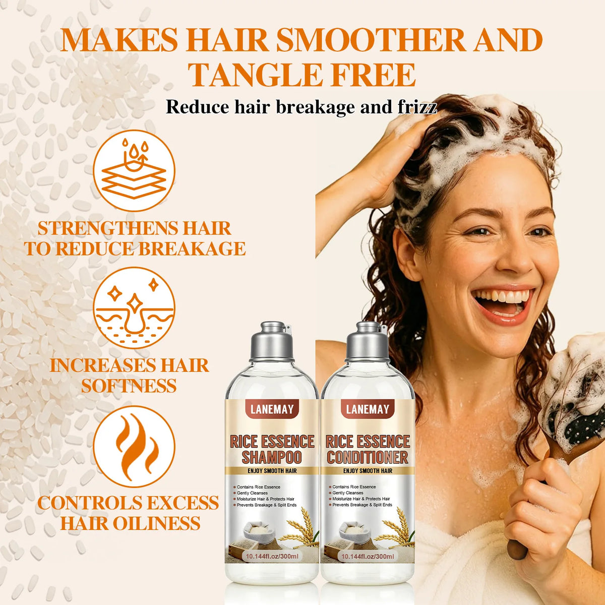 Rice Essence Shampoo & Conditioner Set – Gentle Cleansing with Deep Moisturizing for Smooth, Tangle-Free Hair.