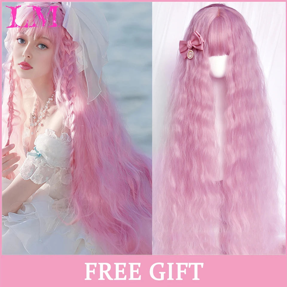 LM Light Blonde Wave Hair Wig Synthetic Long Wavy Wigs with Bangs for Women Cosplay Natural High Temperature Fiber