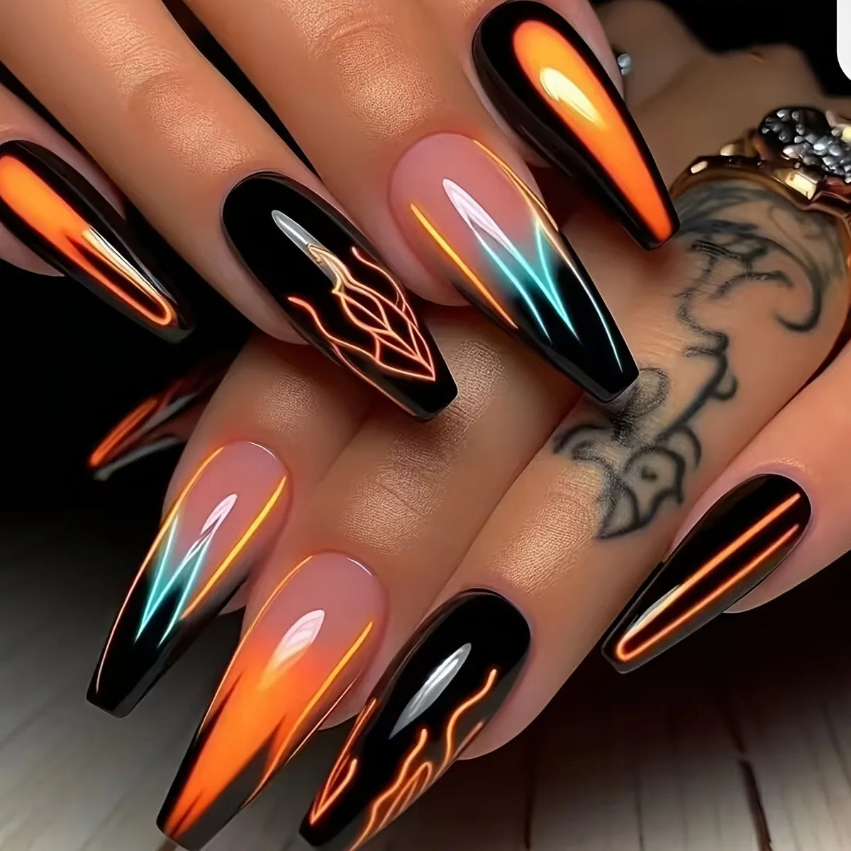 24pcs Wearable Press on Nails Halloween Flower Design Long Coffin False Nail Black Red Tips Fake Nails Sets Bat Ballet Manicure