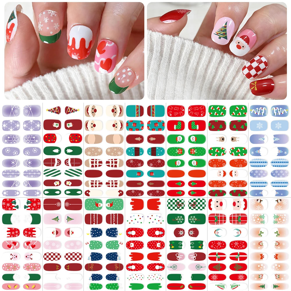 16Tips Christmas Nail Polish Stickers Baking Free Snowflake Santa Claus Elk Design Self-adhesive Nail Art Wrap Xmas Nail Decals*