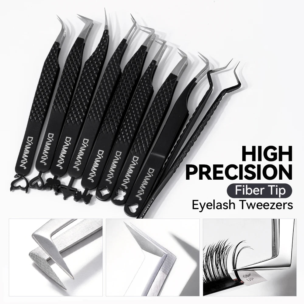 DAMMAN Fiber Tip Lash Extensions Tweezers Professional Eyelash Tweezers Anti-slip Lash Tweezers Eyelash Extension Supplies