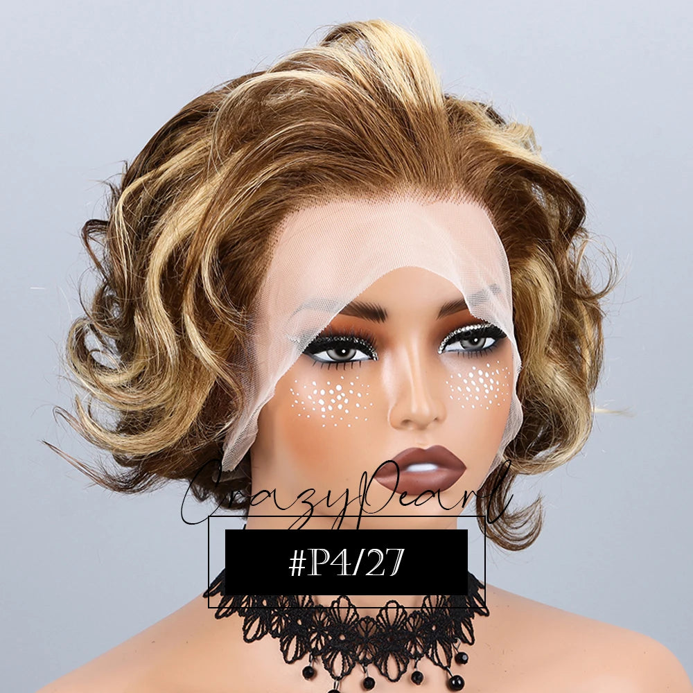 P4/27 Highlight Pixie Cut Wigs Human Hair Short Curly Brown Blonde Gradient Lace Front Pre Plucked Bleached Knots Natural Look