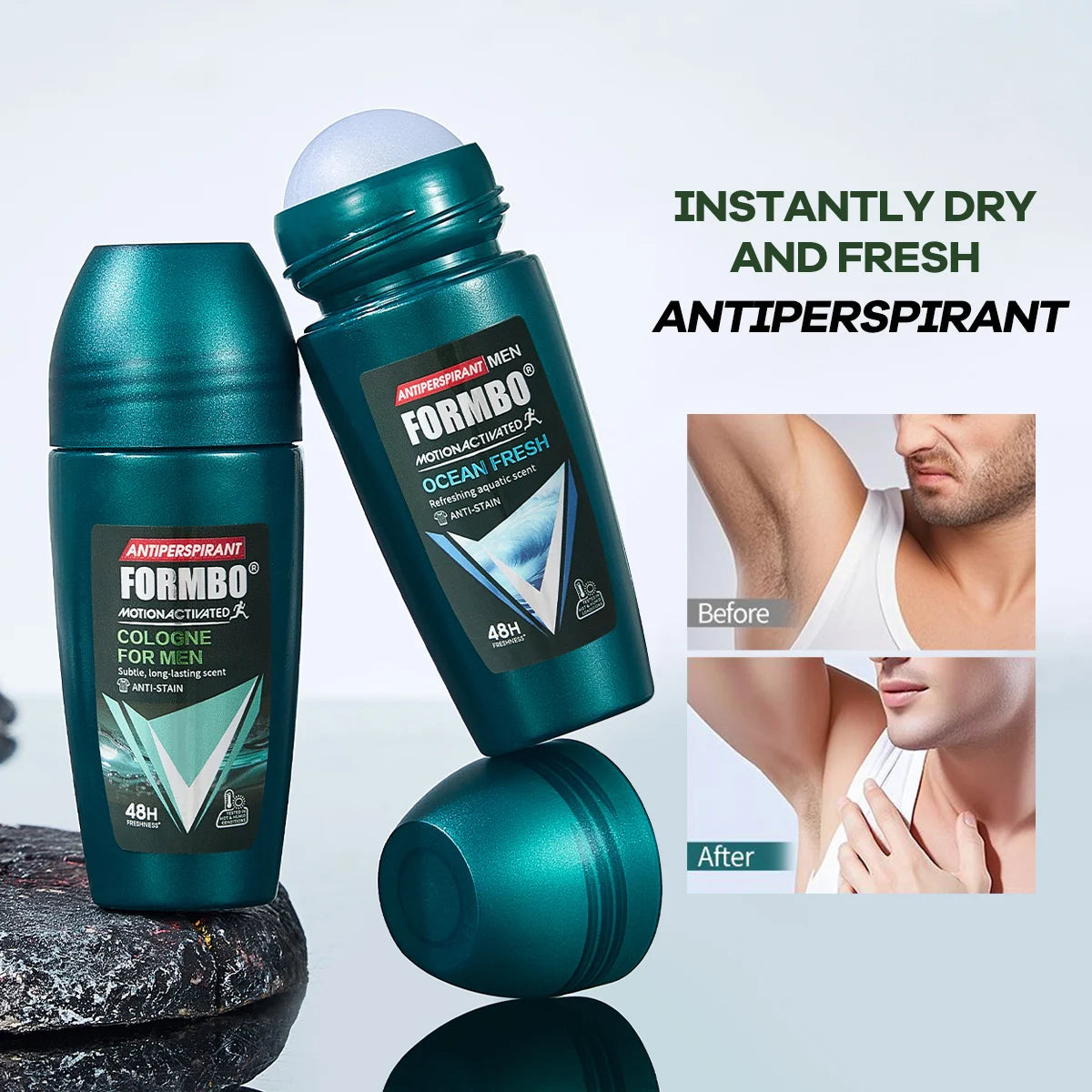 48H Men Antiperspirant Deodorant, Motion-Activated Anti-Perspirant Roll On, Anti-Stain Refreshing Body Odor Remover, 4 Scents f
