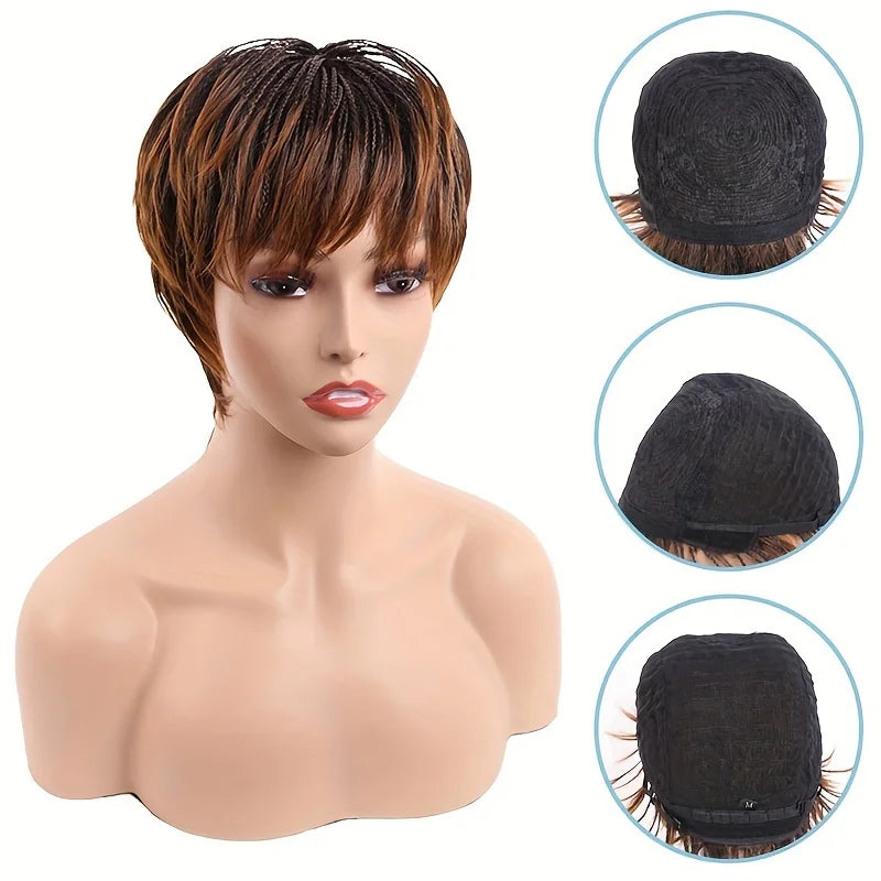 Short Braided Wig for Women, Brown Gradient Layered Bob Wig with Breathable Inner Cap, Synthetic Heat-Resistant Fiber Wig