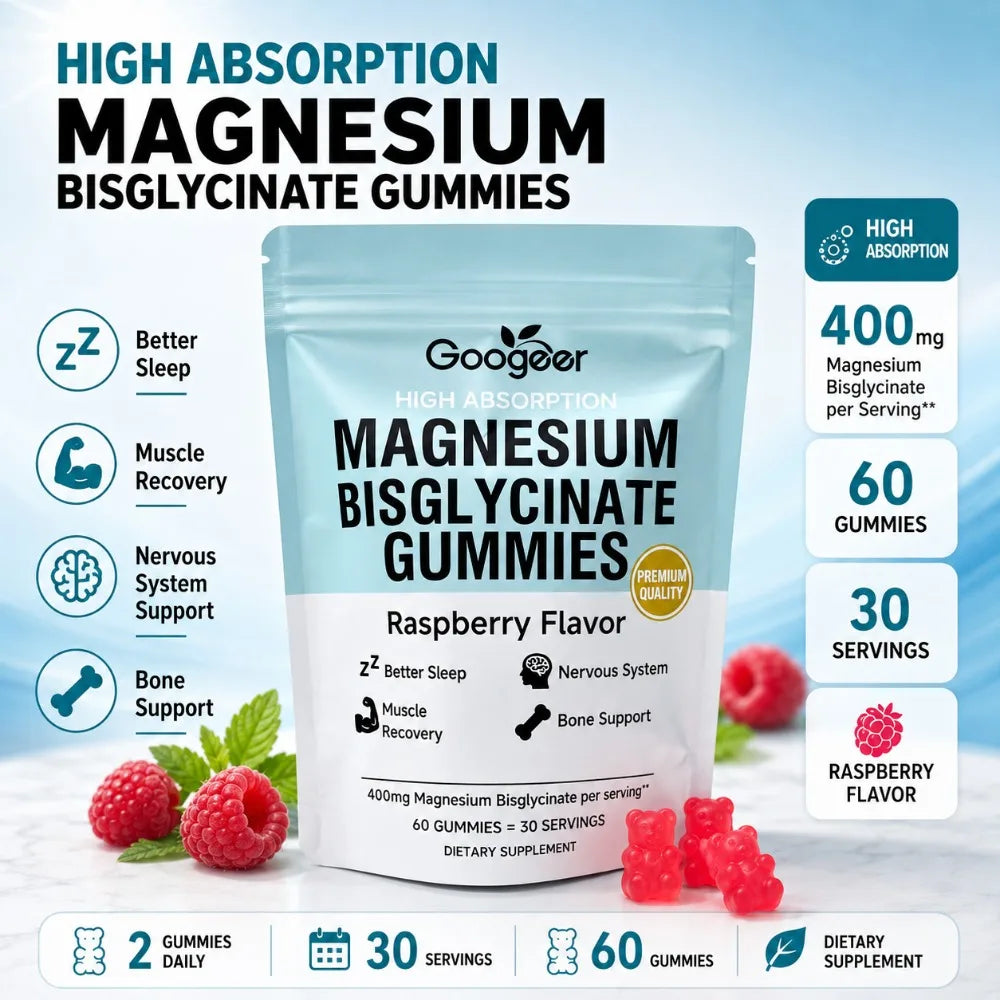 Magnesium Bisglycinate Gummies Raspberry Flavor, 400mg Magnesium, Vitamin D3 Zinc, High Absorption, 60 Count Daily Supplement