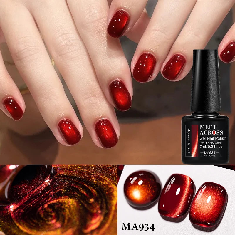 MEET ACROSS 7ml Autumn Dark Color Cat Magnetic Gel Nail Polish Glass Beads Cat Eye Gel With Glitter Nail Art Christmas Nails