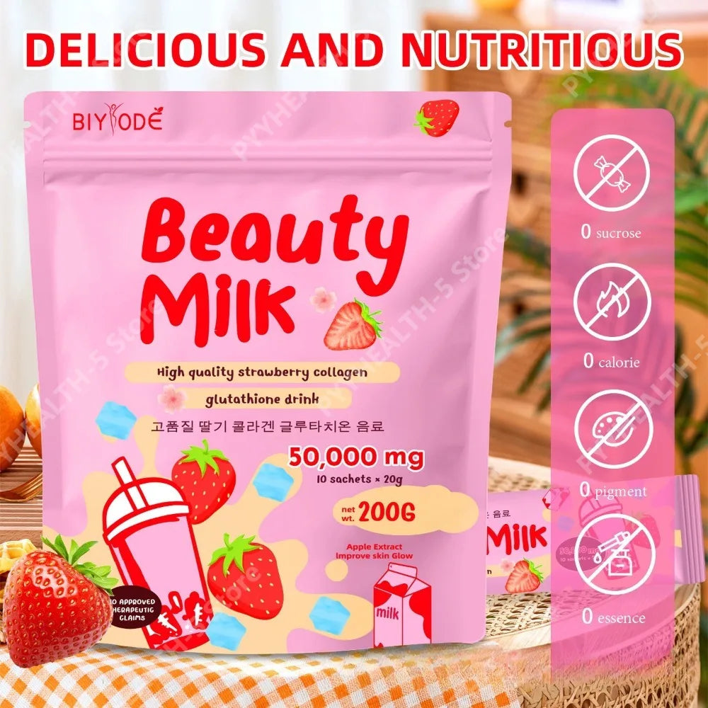 BIYODE Beauty Milk Strawberry Collagen Glutathione Powder Sachets Skin Glow Support with Vitamin D and Calcium, 10 Sachets