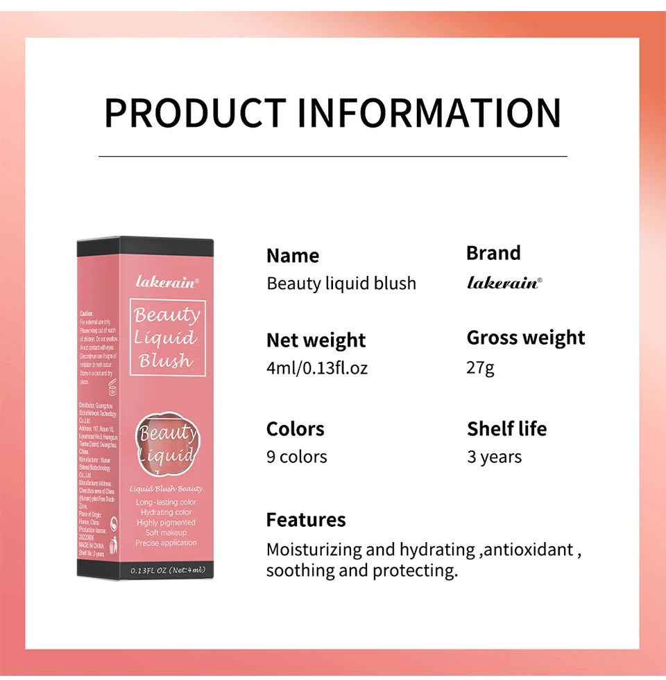 9 Shades Beauty Liquid Blush Lightweight Blendable Dewy Finish Liquid Cheek Tint Long‑Wearing Natural Flush Multi‑Use Face Blush Makeup