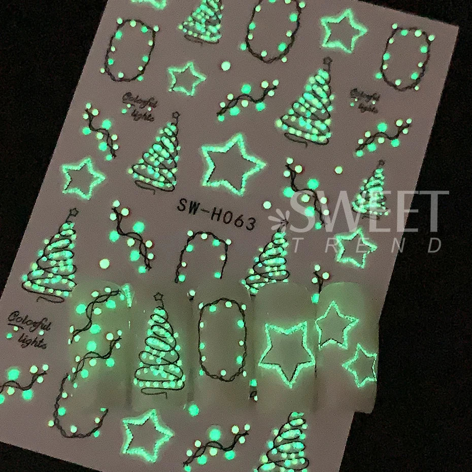 2pcs Glow In The Dark Christmas Nail Stickers Colorful Light Bulb Star Xmas Tree Pattern Nail Decals DIY Manicure Decor Sliders