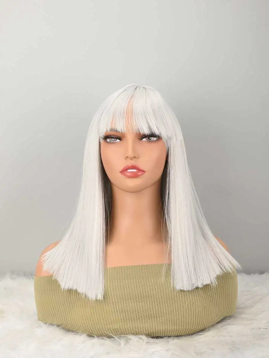 white Bob Wig with Bangs, Short white Wig for Women Straight Bob Wigs Heat Resistant Synthetic wig Mia Wallace Cleopatra Cospaly Daily Party Use