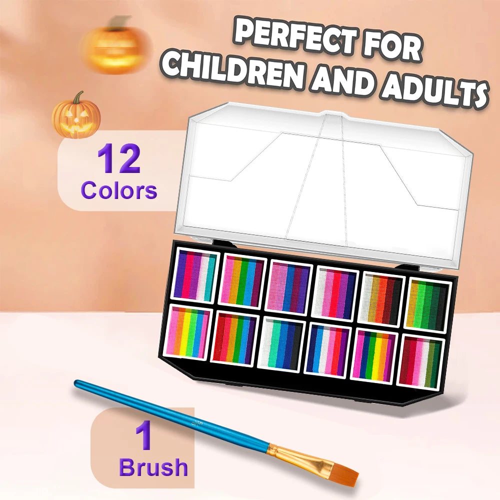 12-Color Rainbow Face and Body Paint Kit, Water-Soluble, Vibrant Palette with Brush for Halloween, Cosplay, Parties,Party Makeup