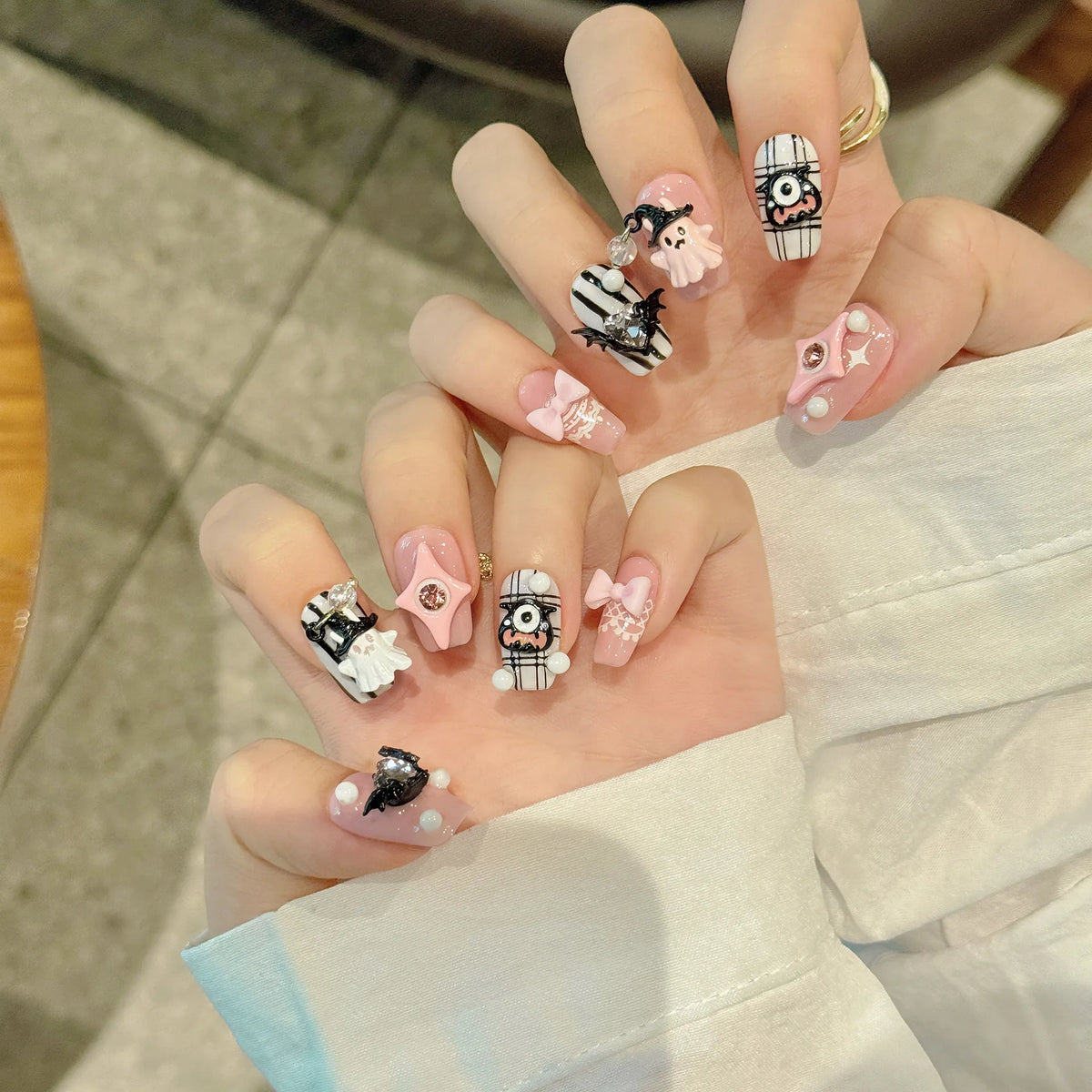 10pcs Pink Halloween Press On Nails Handmade Short Square False Nails Cute 3D Ghost Devil Heart  Bowknot Decor Fake Nail Tips