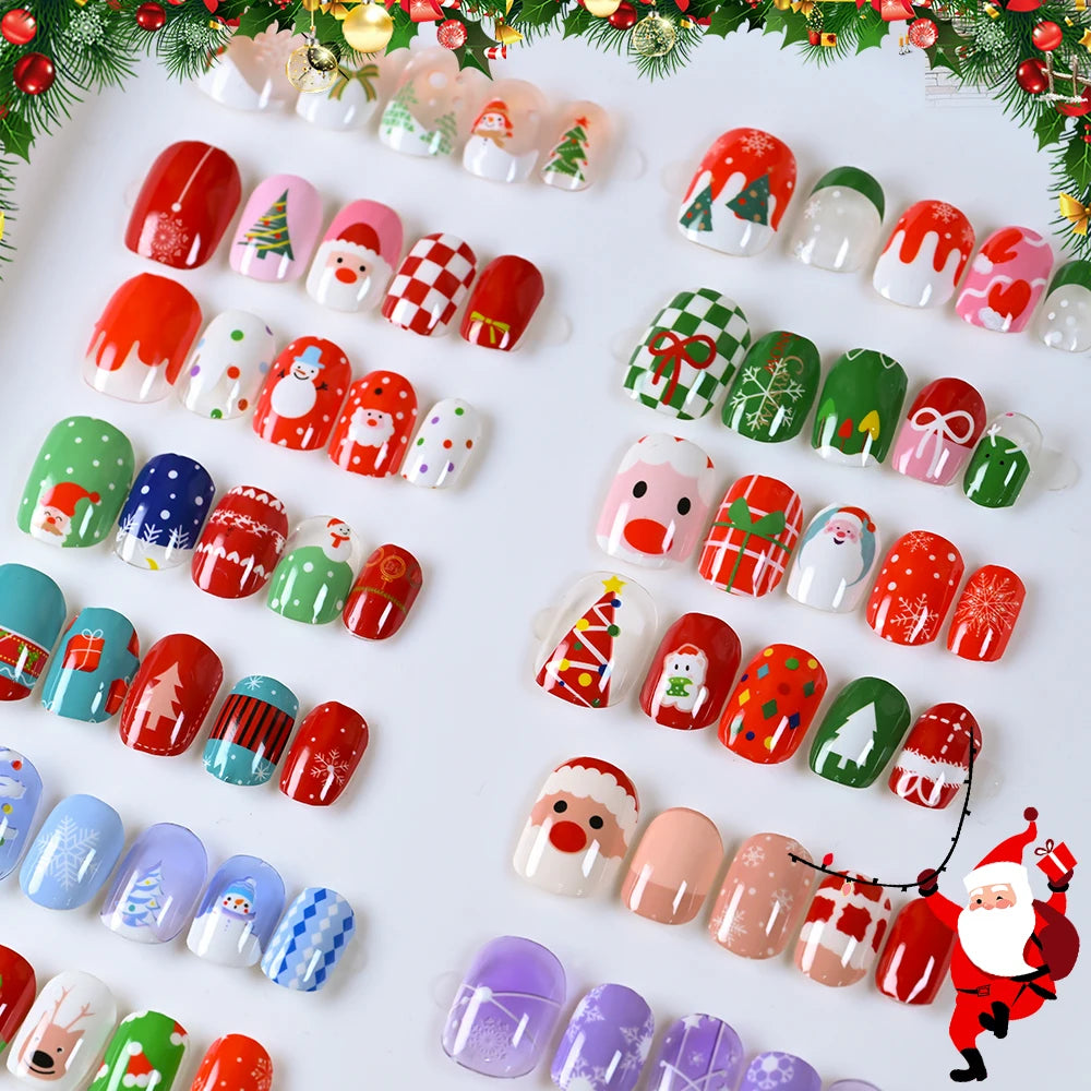 16Tips 3D Full Cover Christmas Series Nail Stickers Adhesive No Light Need Nail Art Wraps Strips Festival Manicure Polish Tips *