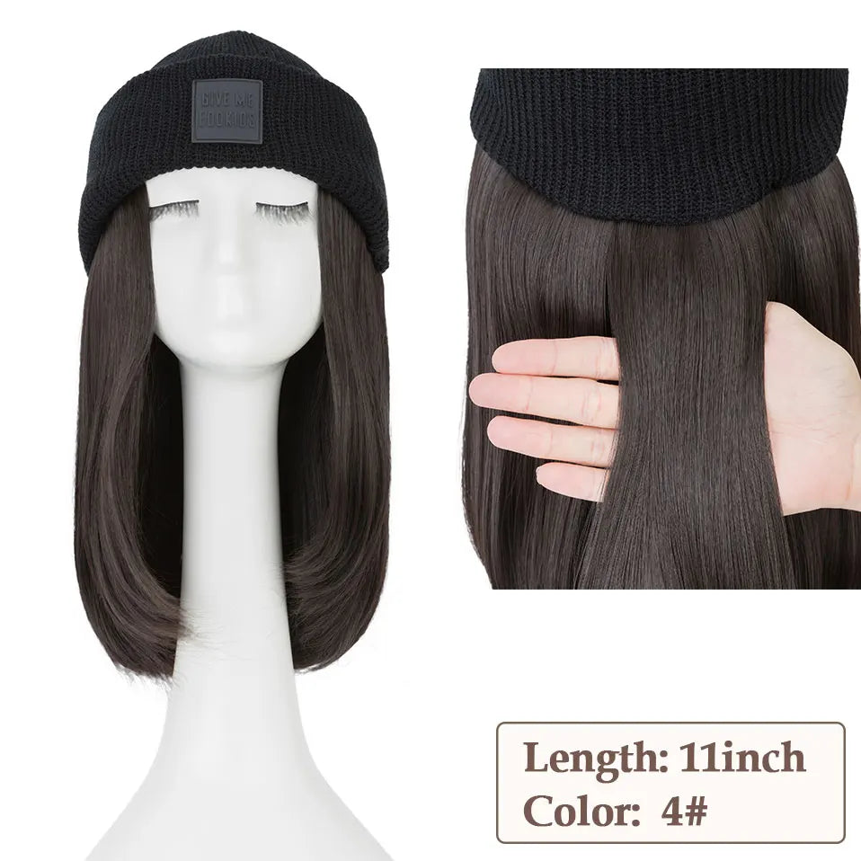 Hat Wig Knitted Beanie Wig Hat Hair Extension 11''18'' Long Wavy Curly Black Hat Wig Synthetic Hairpiece for Women Girls Winter