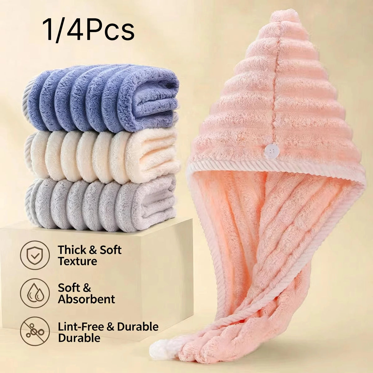 Candy Strip Hair Towel Wrap for Women, Thick Coral Fleece Super Absorbent Quick‑Dry Hair Turban for Home Shower Use
