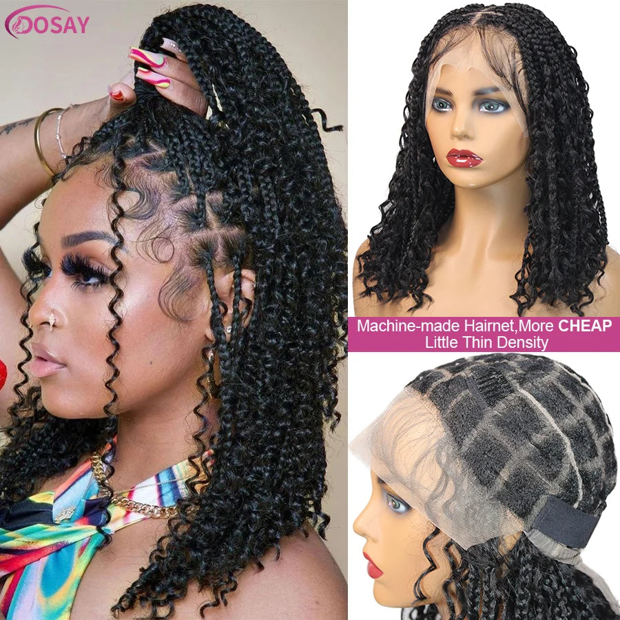 Short 12 Inch Bohemian Curly Braided Full Lace Front Wigs Knotless Box Braid Bob Wig Women Synthetic Locs Goddess Cornrow Braids