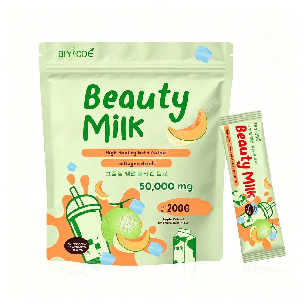 BIYODE Beauty Milk Strawberry Collagen Glutathione Powder Sachets Skin Glow Support with Vitamin D and Calcium, 10 Sachets