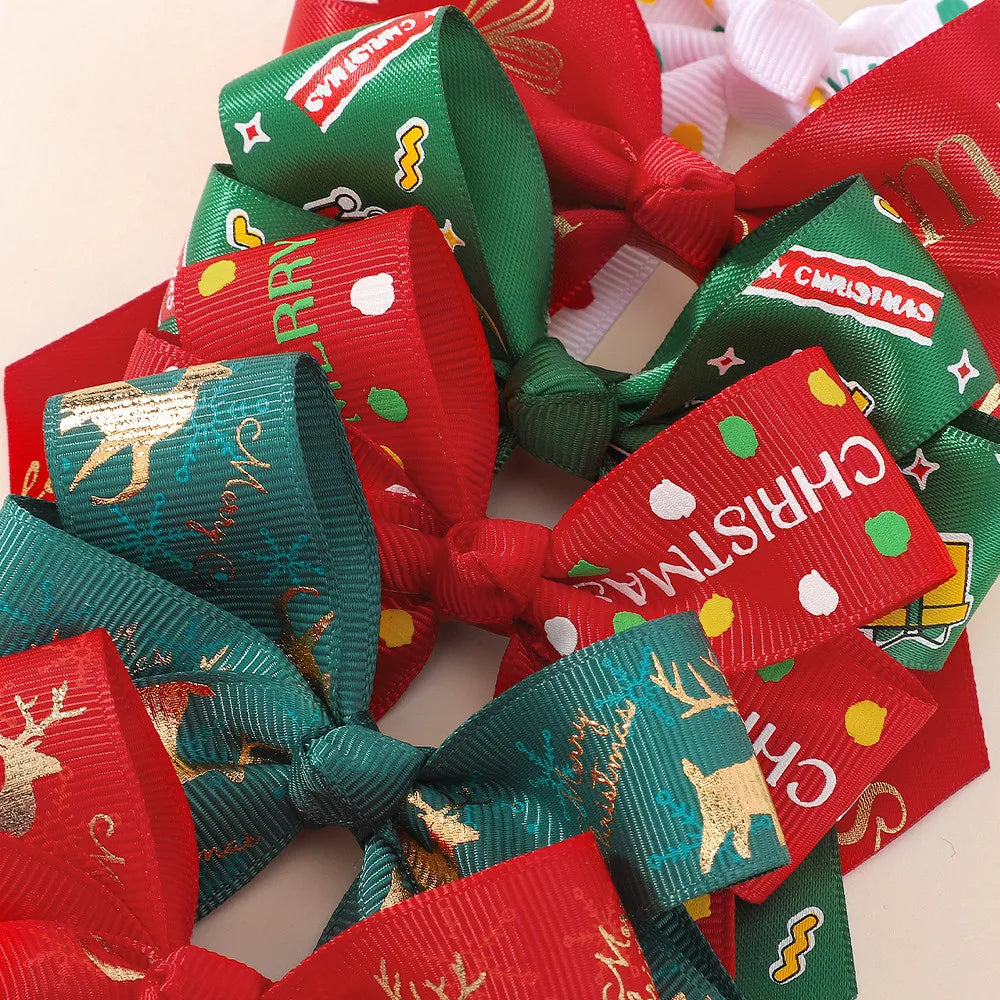 4Pcs Merry Christmas Printed Ribbon Bow Hair Clip Long Tail Barrette Red Green Xmas Tree Deer Pattern Hairpin Girls Headdress