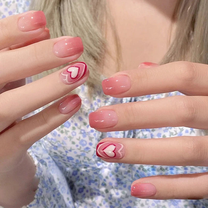 24 Pcs/Set Valentine's Day Long Almond Fake Nails Shape Novelty Pearl Bow Love Press on Nails Art Full Cover Stick-on Nails Tips