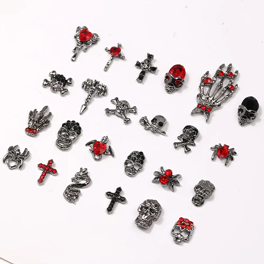 12 Grids Gothic Nail Charms Skull Cross Snake 3D Metal Nail Ornaments with Red Rhinestones Halloween Dark Style Nail Art Decor for Salon Home DIY Manicure