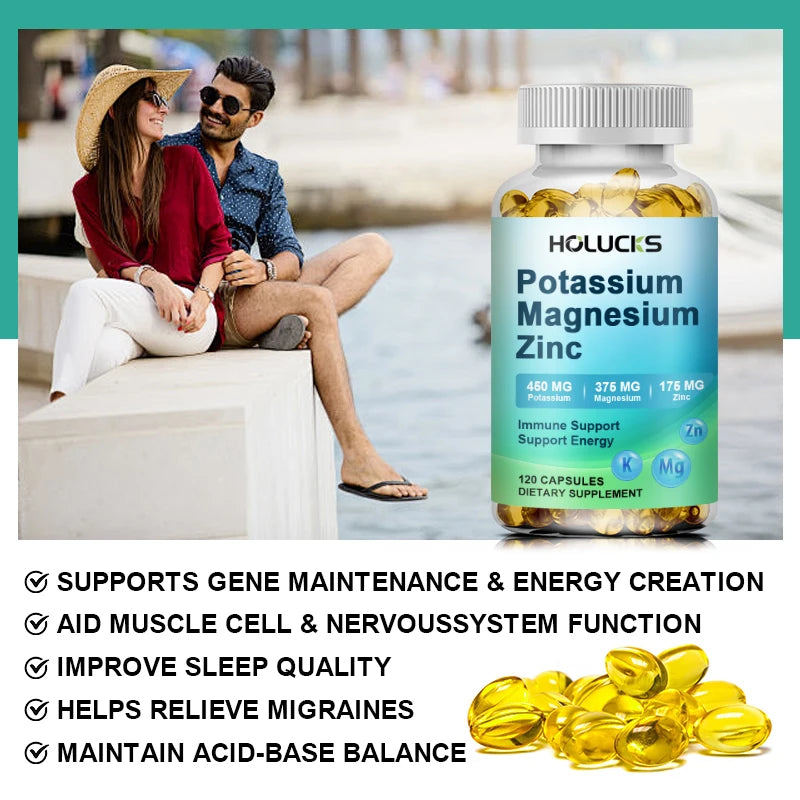 Potassium Magnesium Zinc Capsules - Bone & Heart Health Supplement, Sleep Support, Muscle Relaxation, Stress & Anxiety Relief