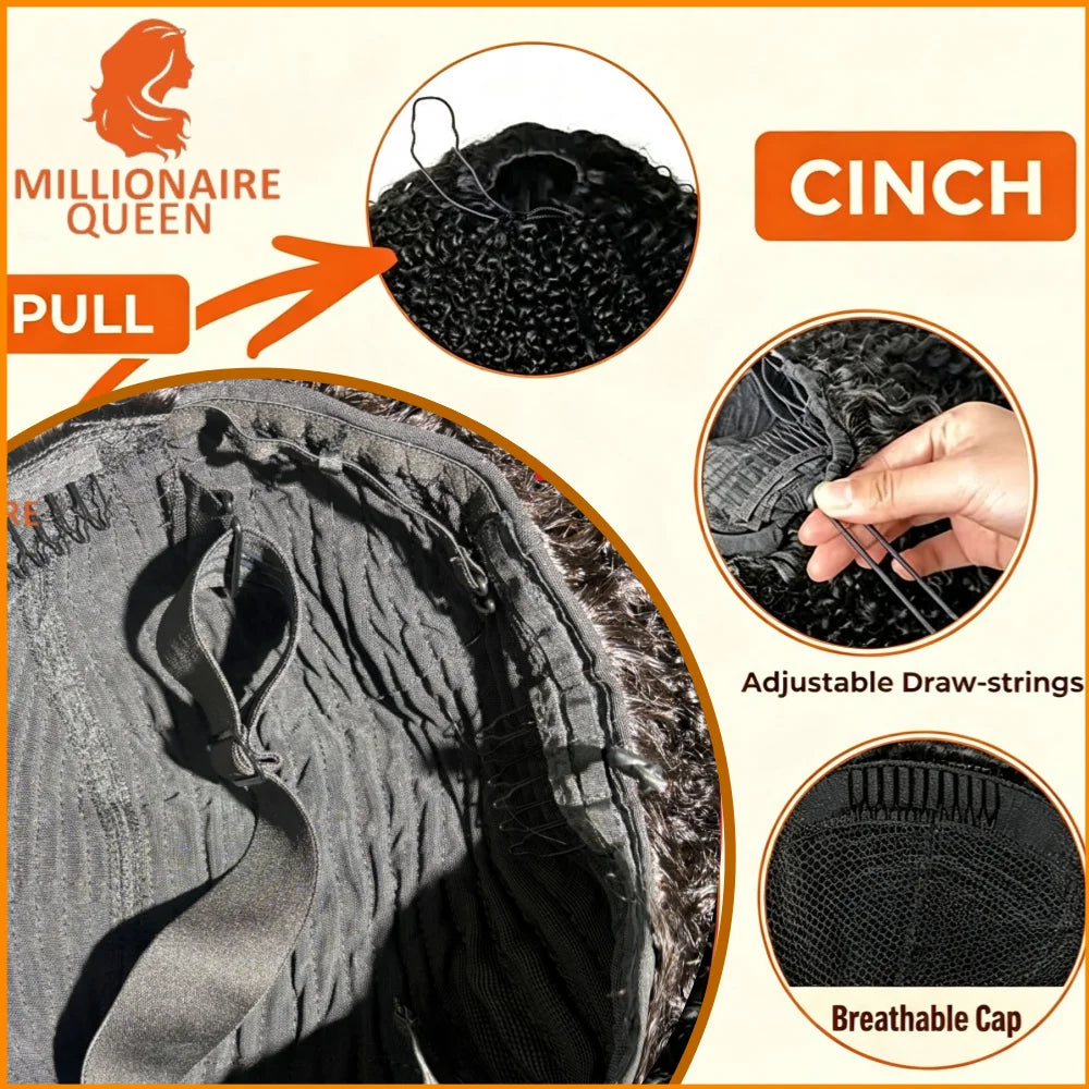 300% Millionaire Queen Half Wigs Wear and Go Beginner Friendly Headband Wig Pixie Curly Half Wig Clip Ins Flip Over Glueless Wig