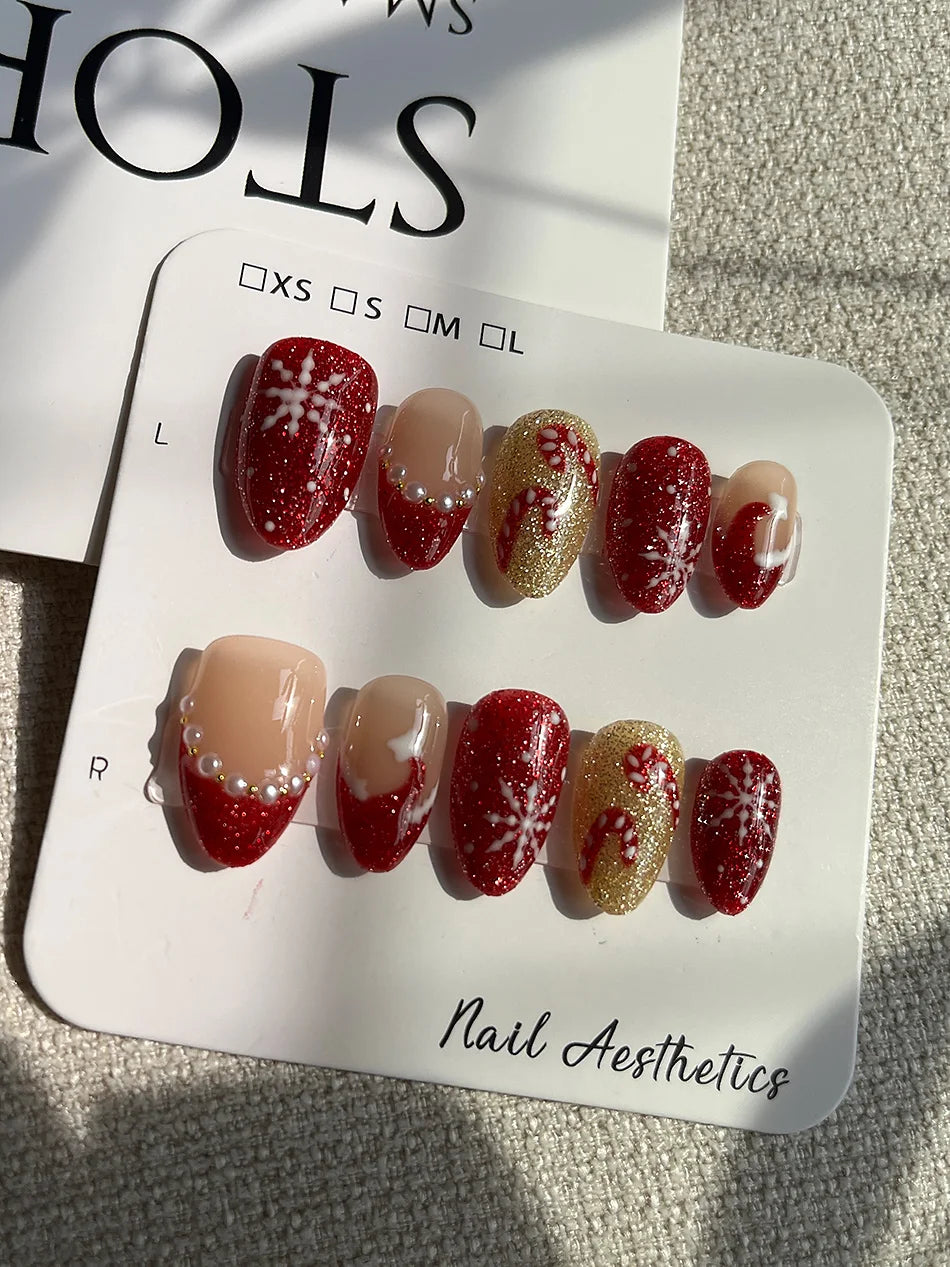 Hand Painted Christmas Fake Nails Short Almond Red Glitter Snowflake Candy Cane Pearl French Press On Nails Reusable  10 Pieces