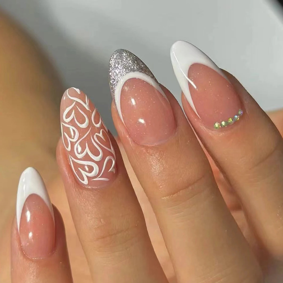 24PCS- White Almond Fake Nails, Red Love Pattern Decoration, Exquisite Elegance, Fashion Generous, Suitable for Dating, Dinner,