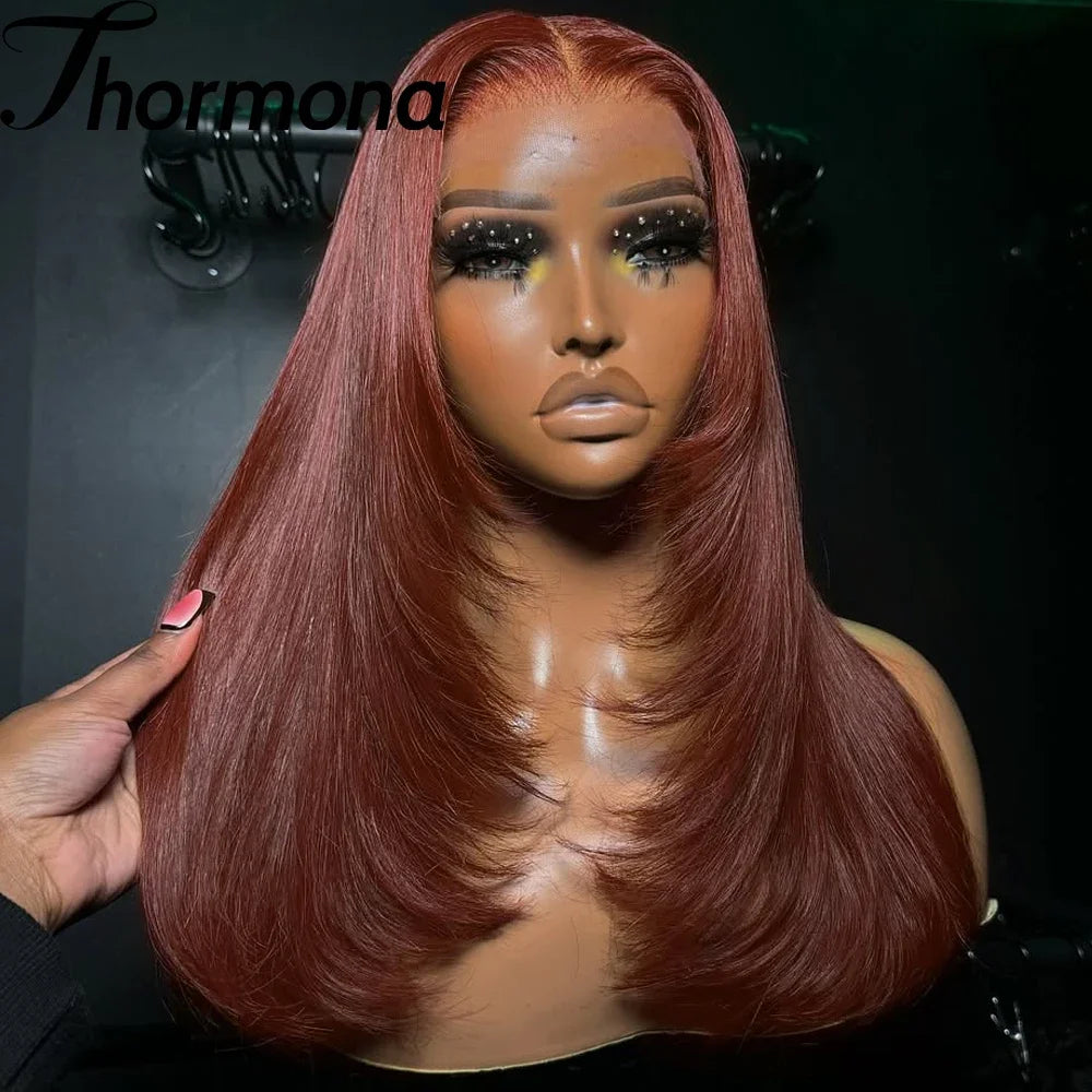 Straight Lace Front Wigs Synthetic Layered Cut Natural Black /Reddish Brown Inner Buckle Lace Frontal Wigs For Black Women