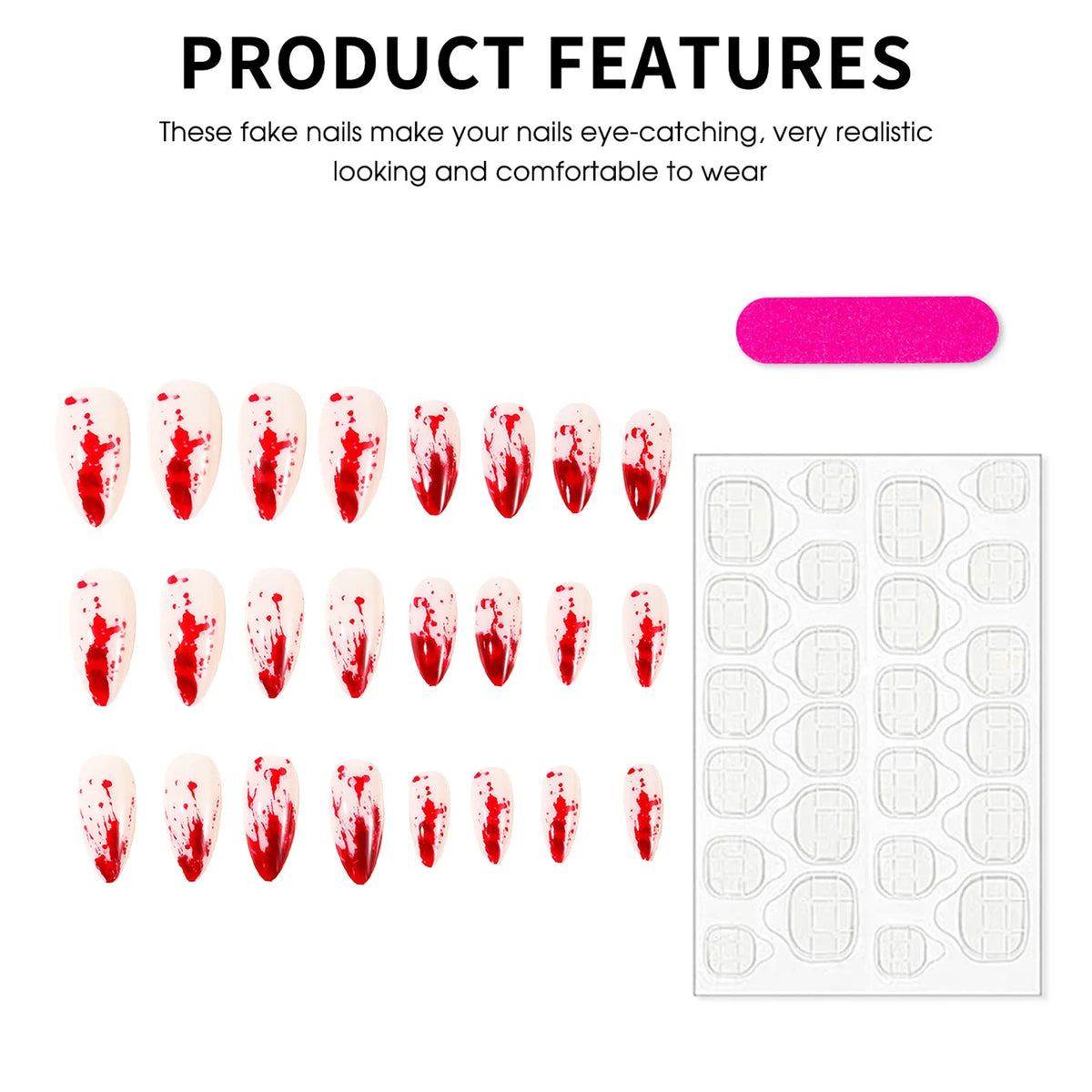 24Pcs Halloween Almond Fake Nails Red Blood Designs Press On Nails Simple DIY Manicure Full Cover False Nail for Halloween Party
